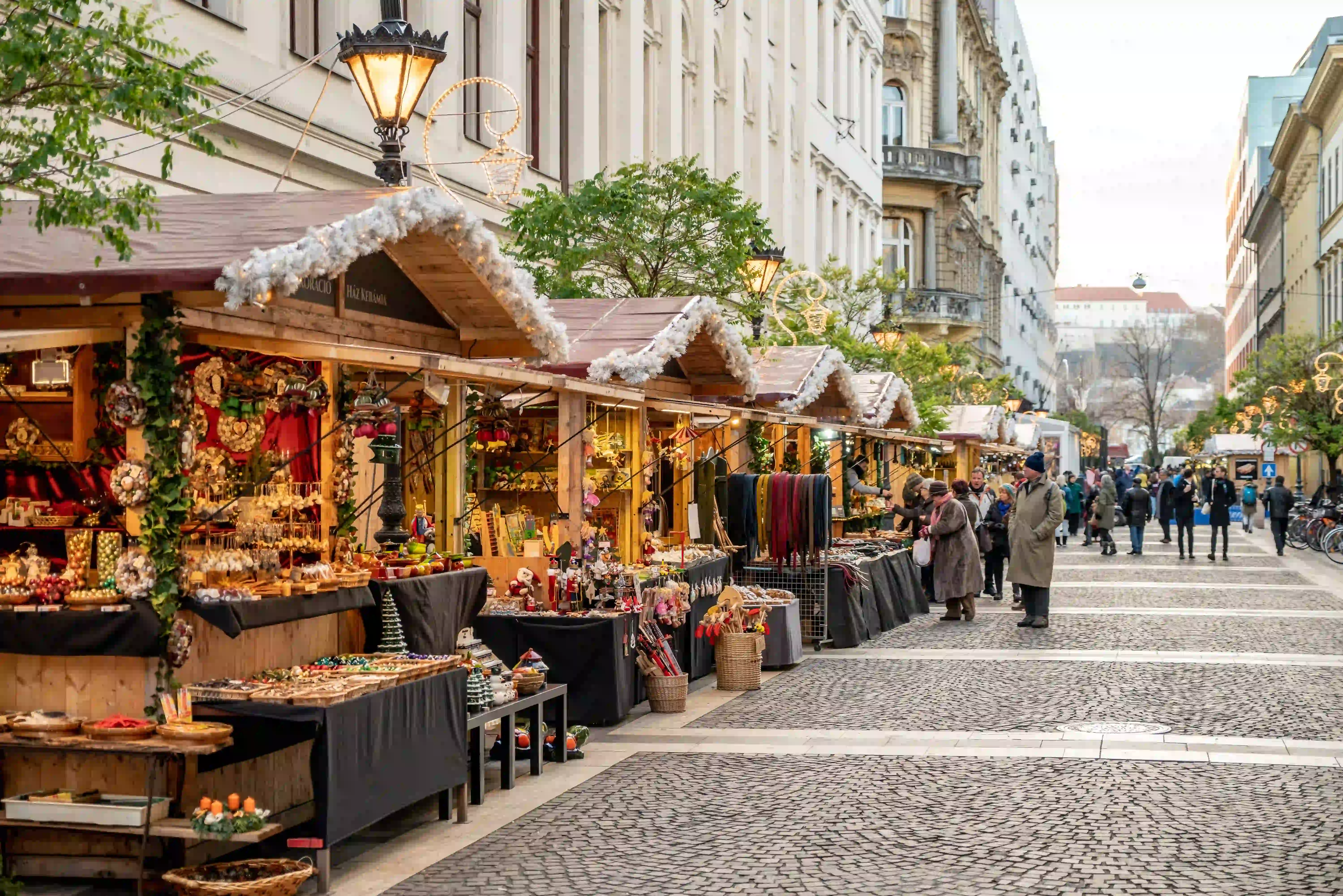 Christmas markets in Budapest near Vorosmarty Square.