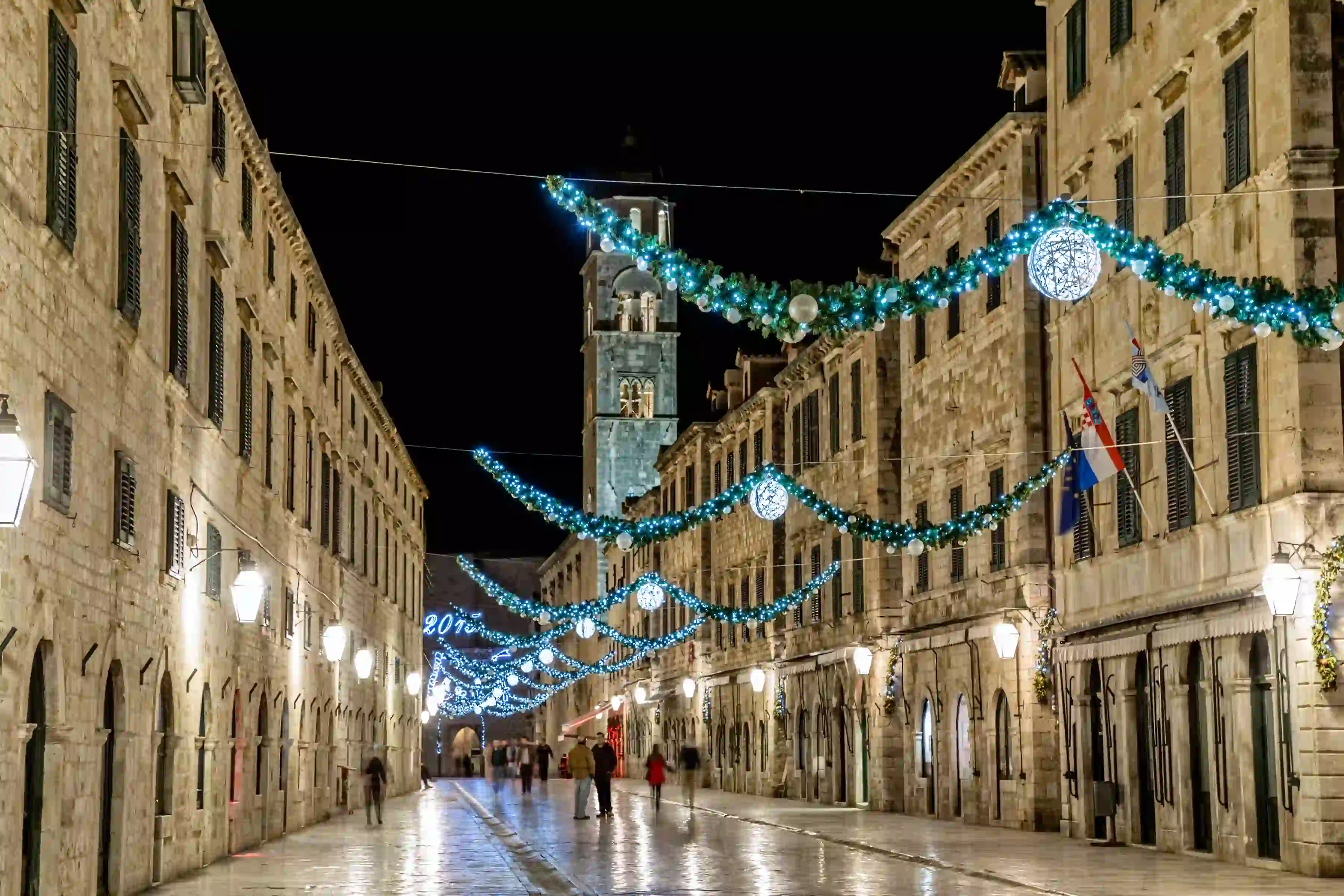 Stradun decorated with Christmas lights in Dubrovnik.