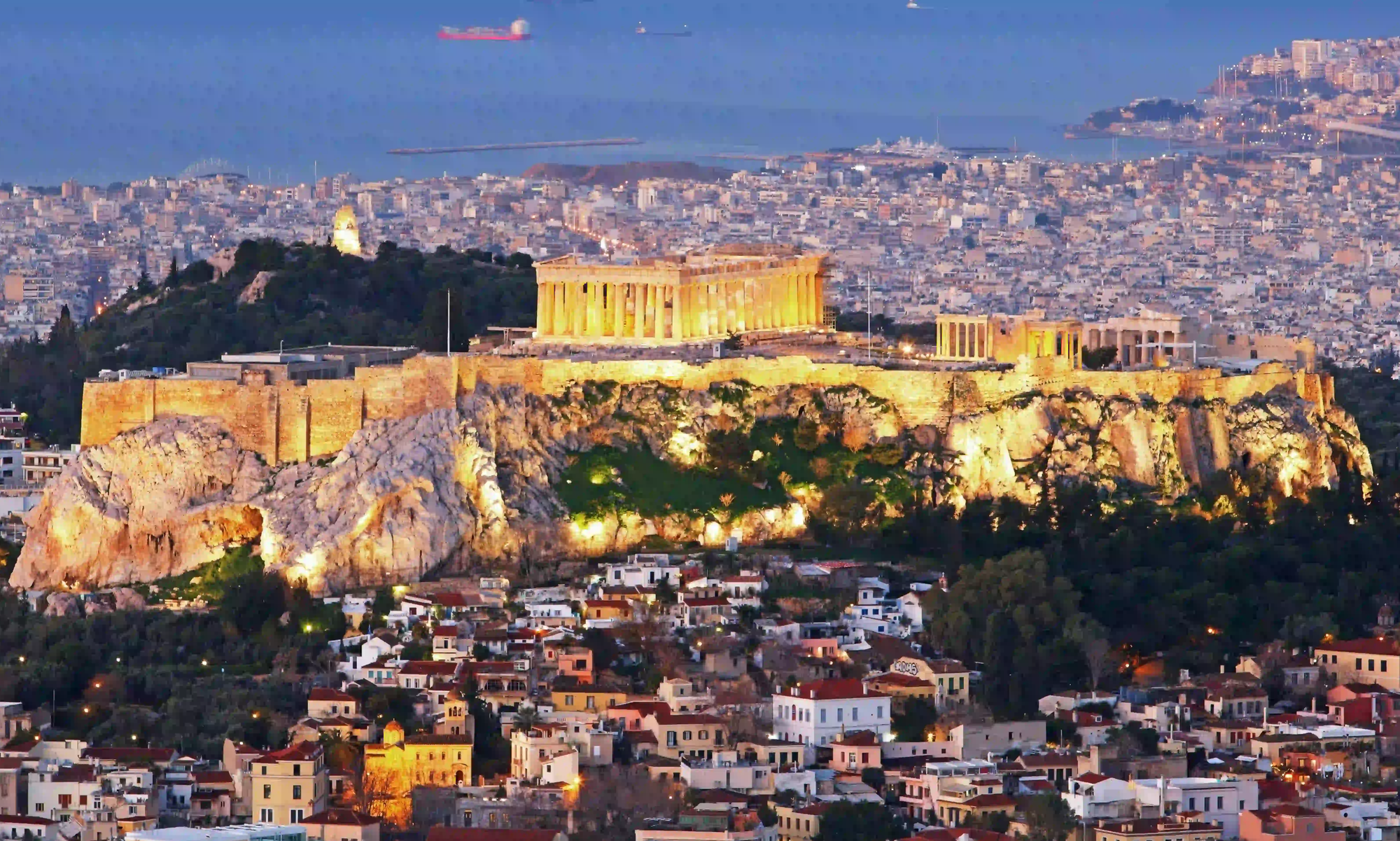 Overlooking the Acropolis at night, Athens, Greece.