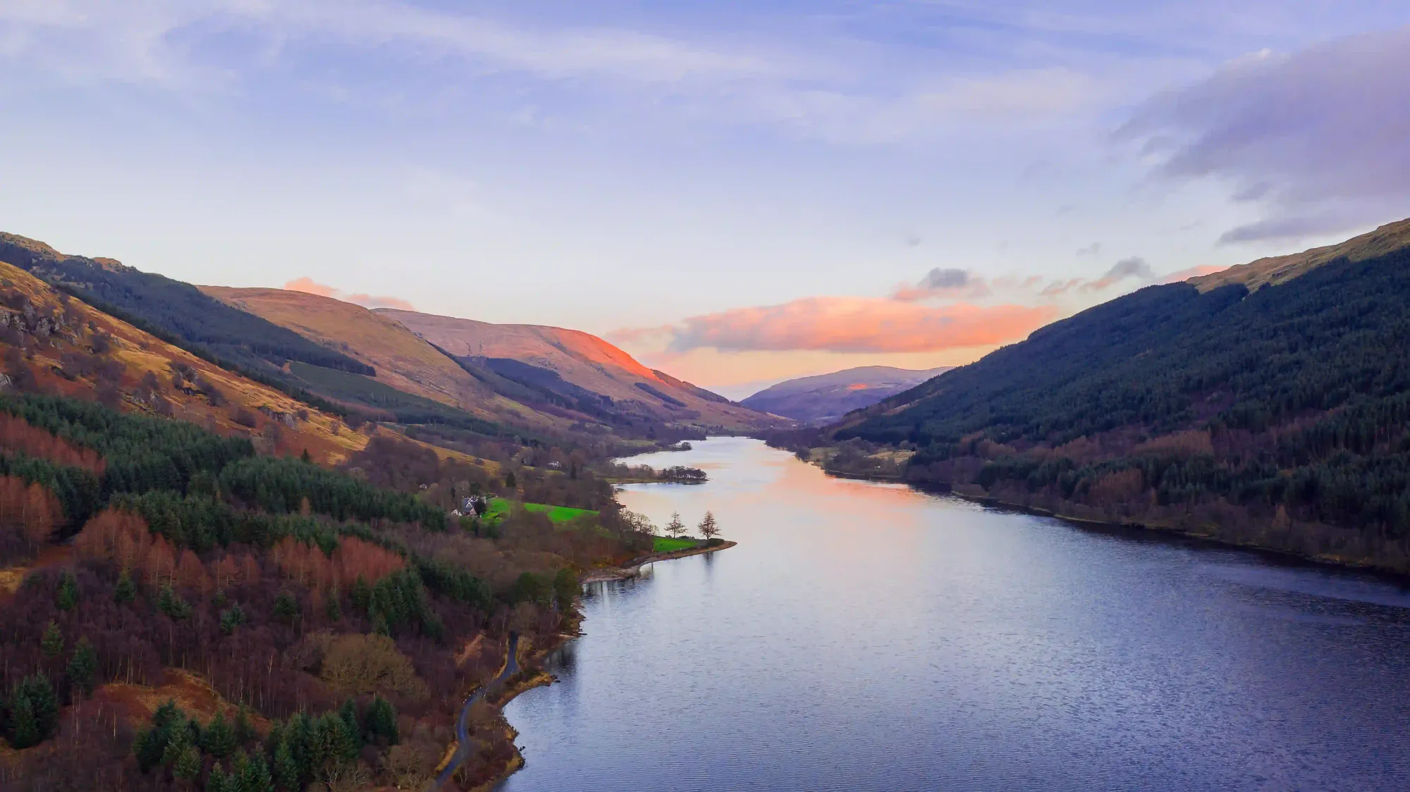 Aerial view of Loch Lomond at sunset, Scotland.