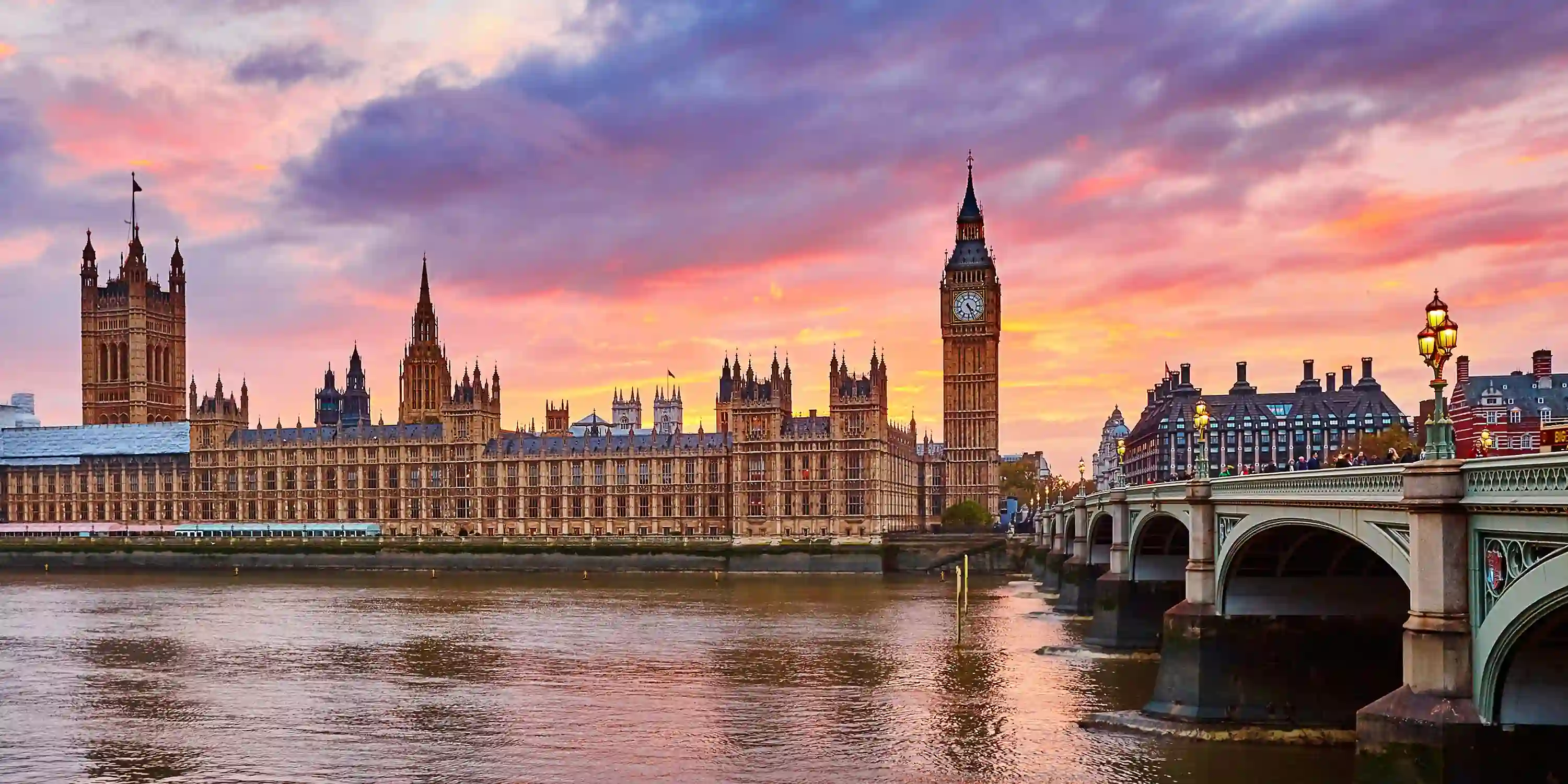 Big Ben and Westminster Bridge at Sunset, London, England.