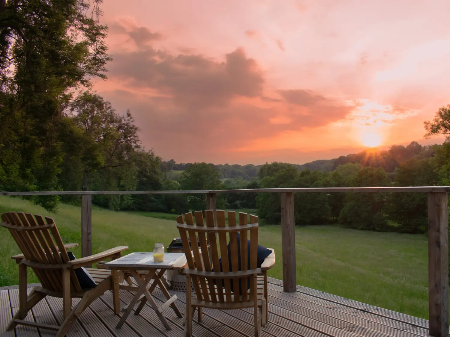 Decking chairs pointing out to the sunset at The A Frame lodge, The Fold.