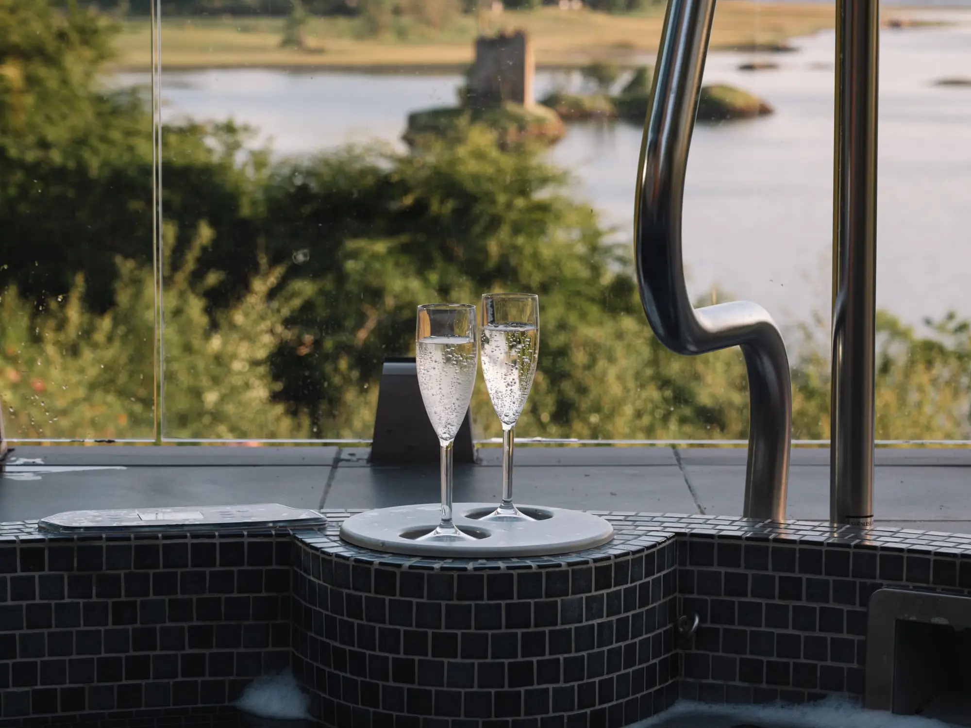 View over Castle Stalker from the hot tub of the South House, Stormhouse.