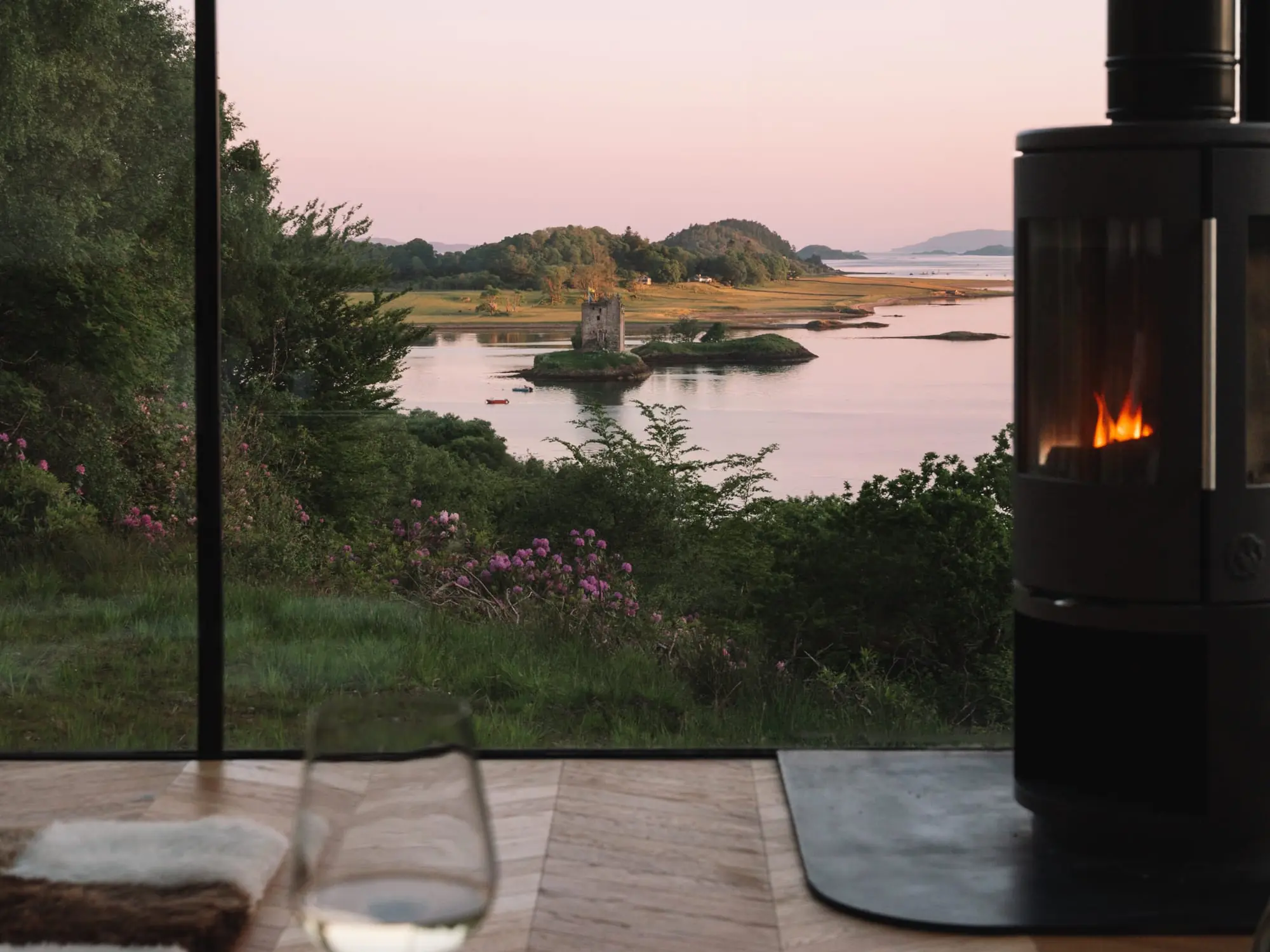 View over Castle Stalker from the living room of the North House, Stormhouse.