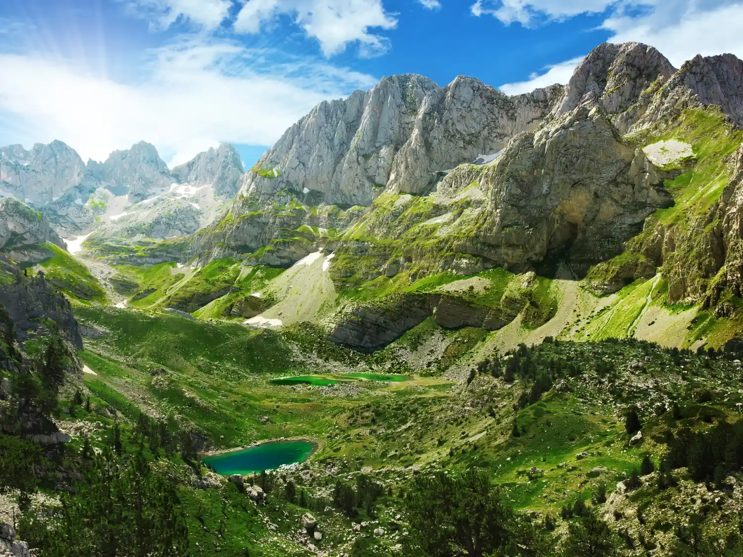 Aerial shot of Theth National Park, Albanian Alps, Albania.