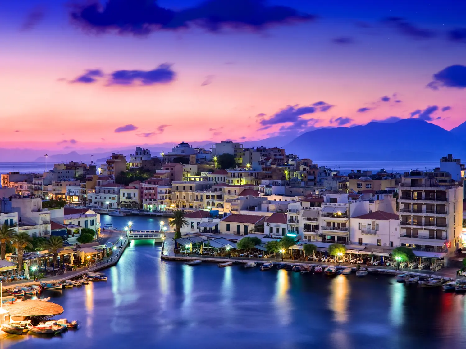 Aerial Sunset shot of Agios Nikolaos, Crete, Greece.