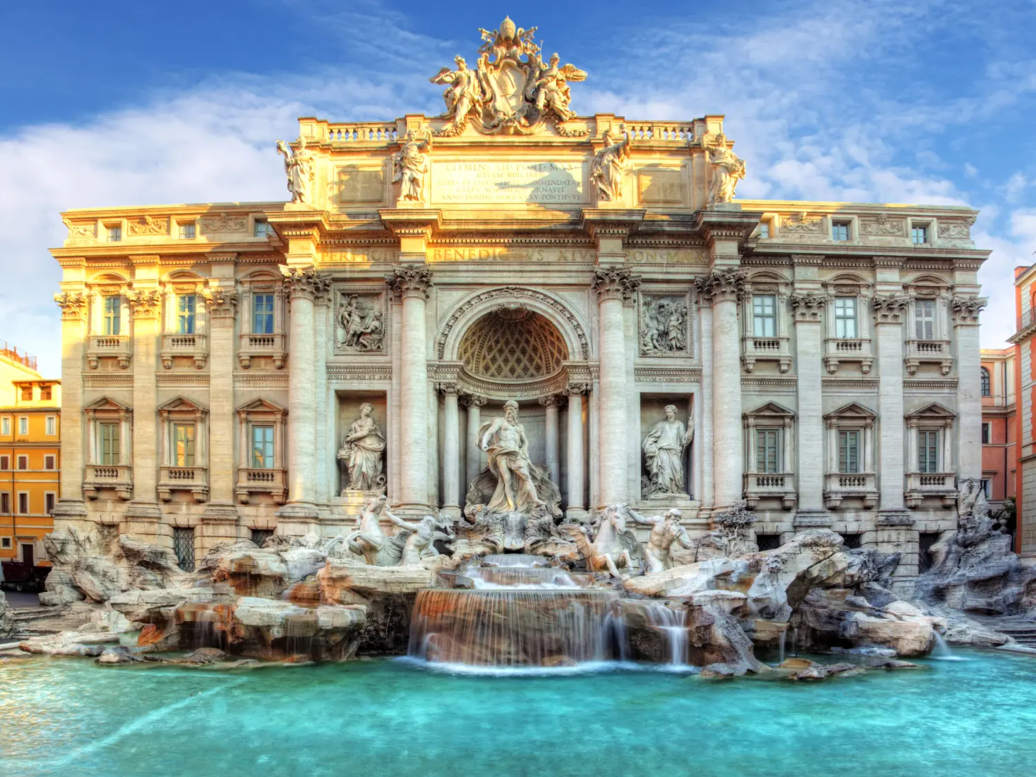 Sunrise view of the Trevi fountain, Rome, Italy.