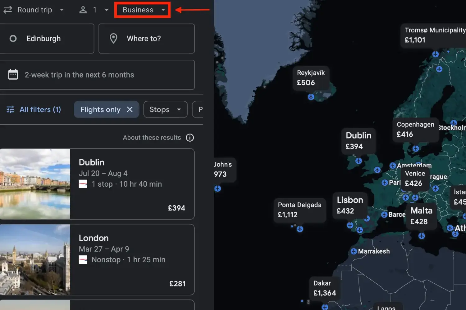 Screenshot of using Google maps to search for a business class flight from edinburgh to anywhere in the world.