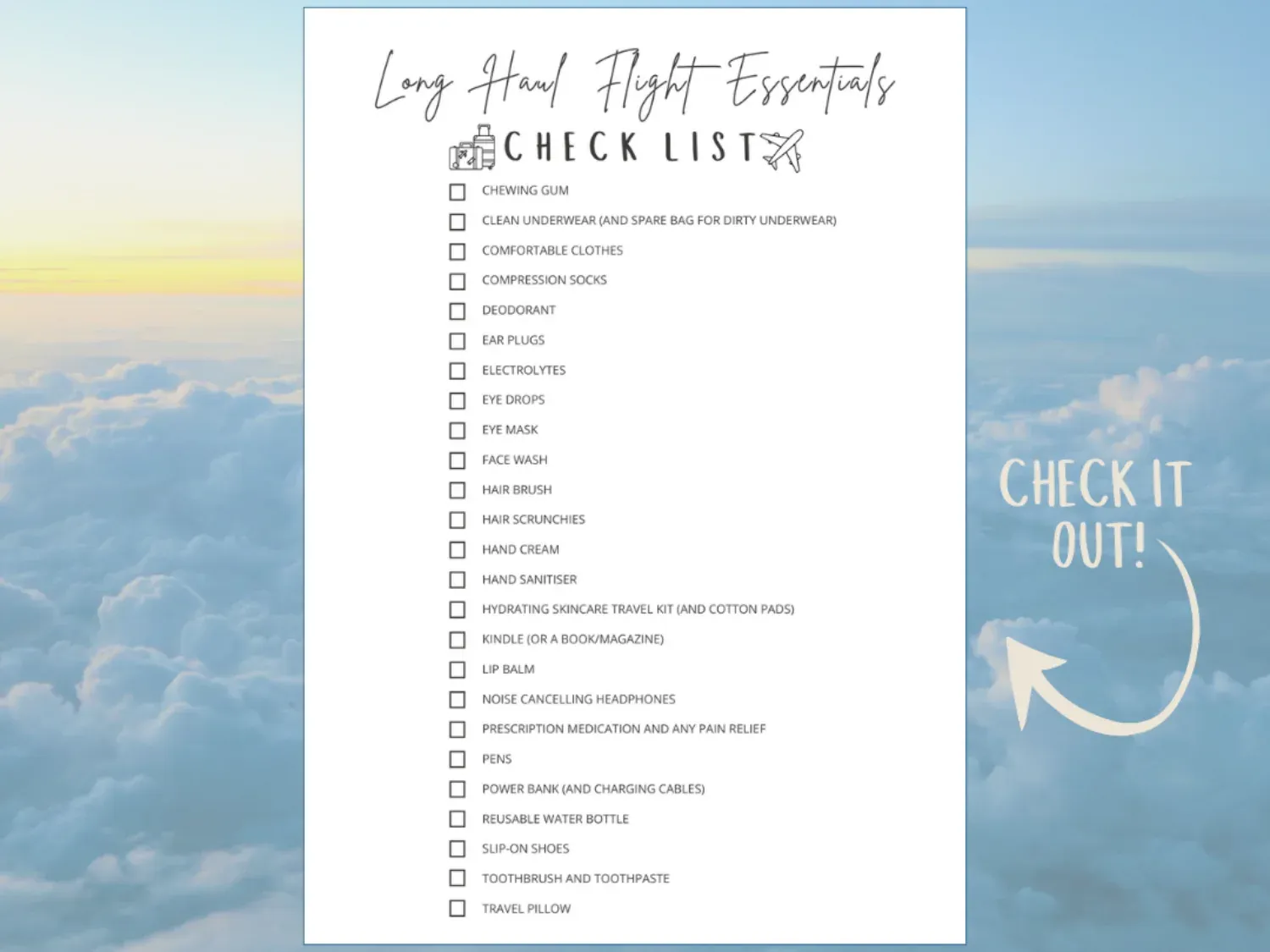 Preview of the printable long haul flight essentials checklist A4 PDF document.