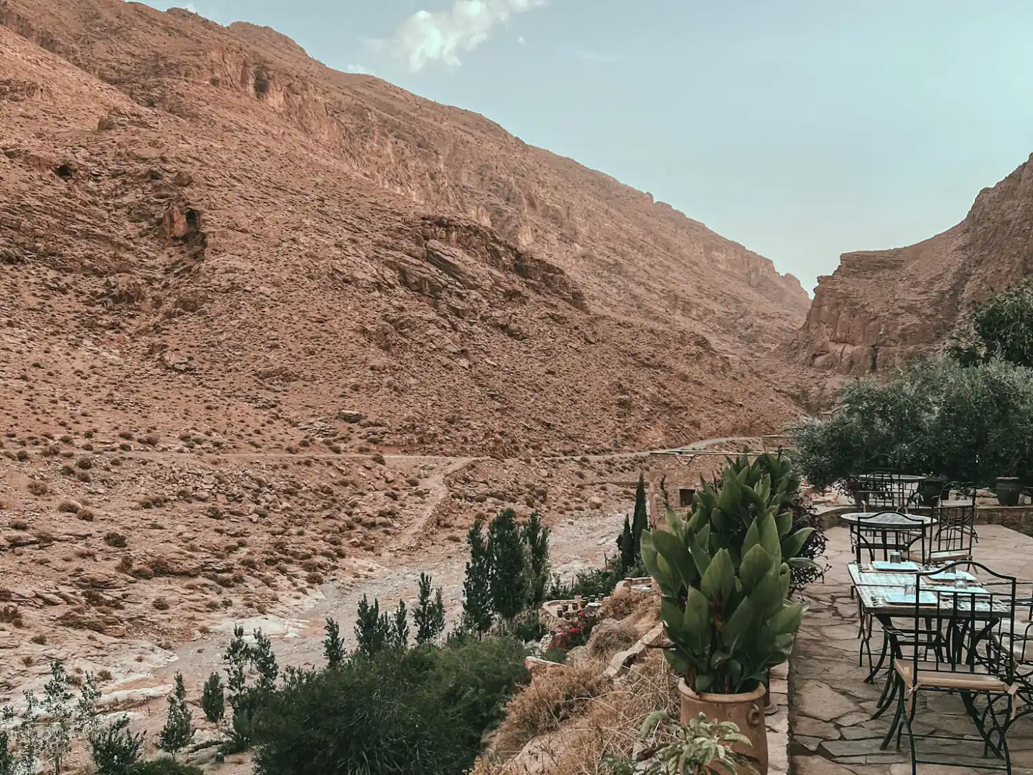 View down the Todra Gorge canyon from Auberge Le Festival Todra Gorge.